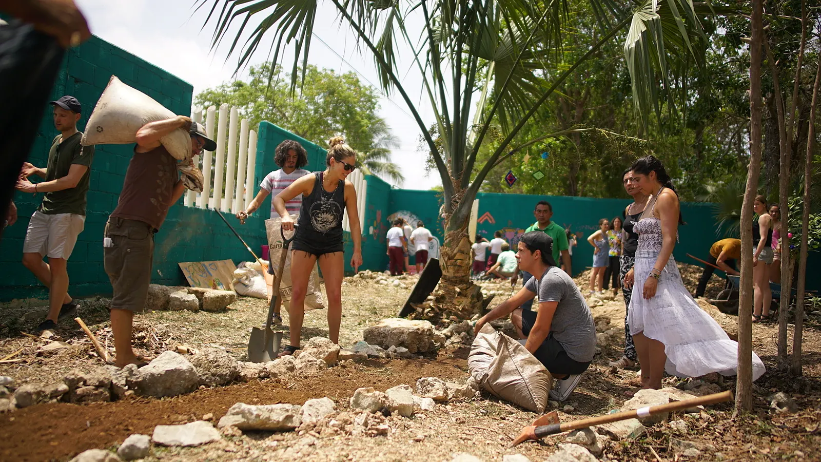 Bring Back Eden crew building beds and paths on a Florida food forest installation site
