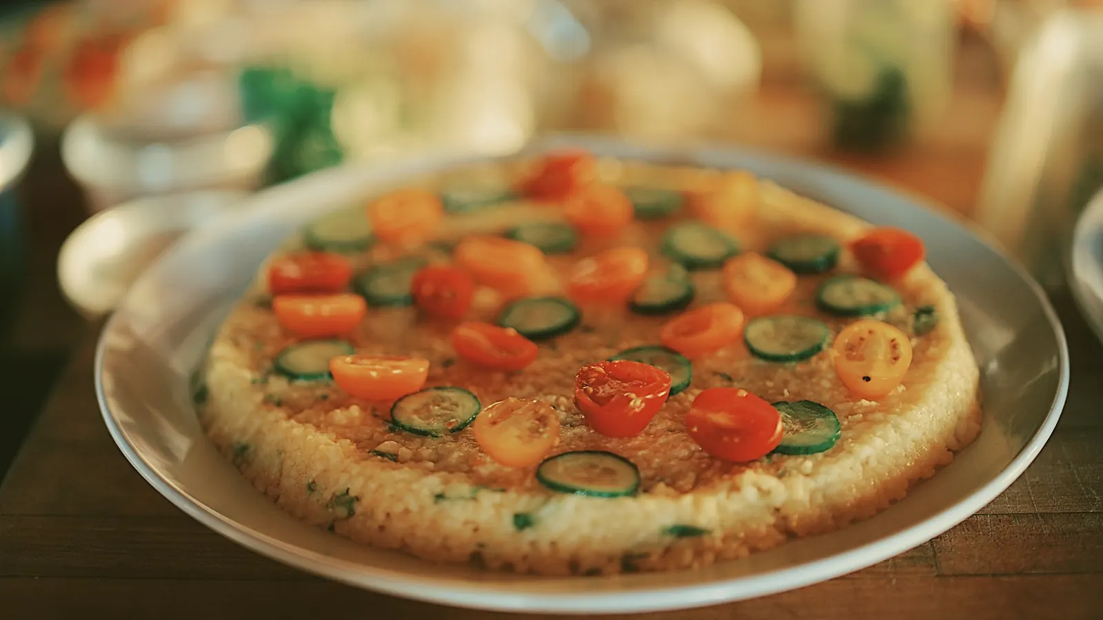 A flatbread topped with fresh garden vegetables