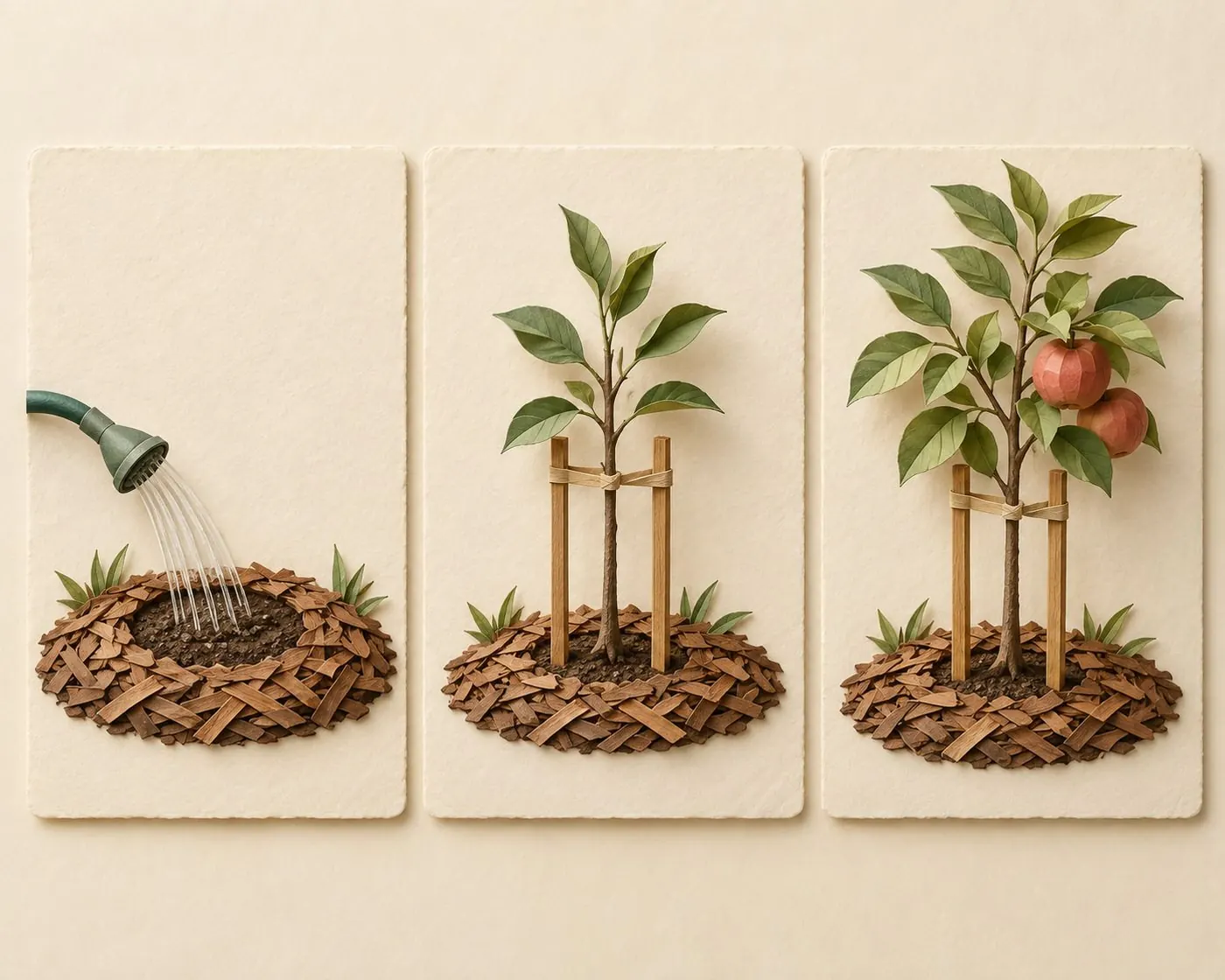 Illustration of three young fruit trees growing over ninety days