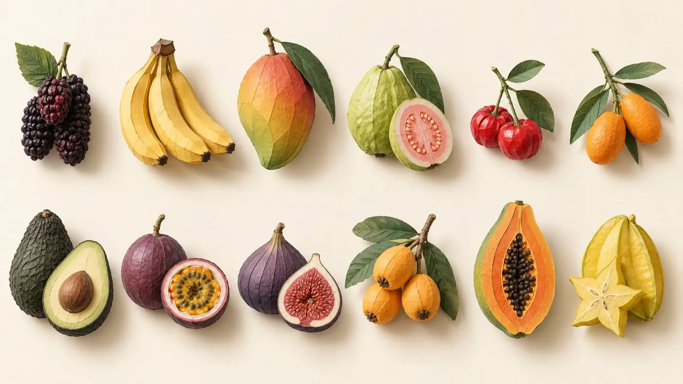 Sculpted-paper illustration of the twelve family fruits from the guide