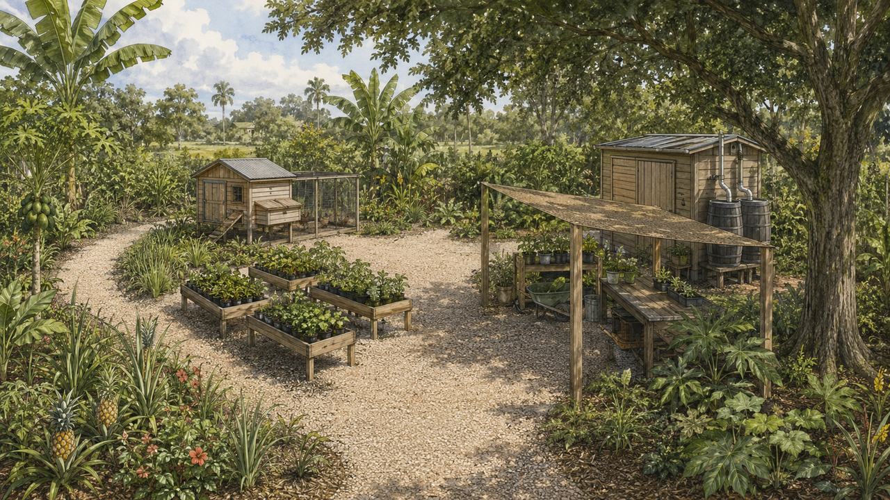 Design rendering of a food forest with gravel paths, a chicken coop and raised beds under fruit trees