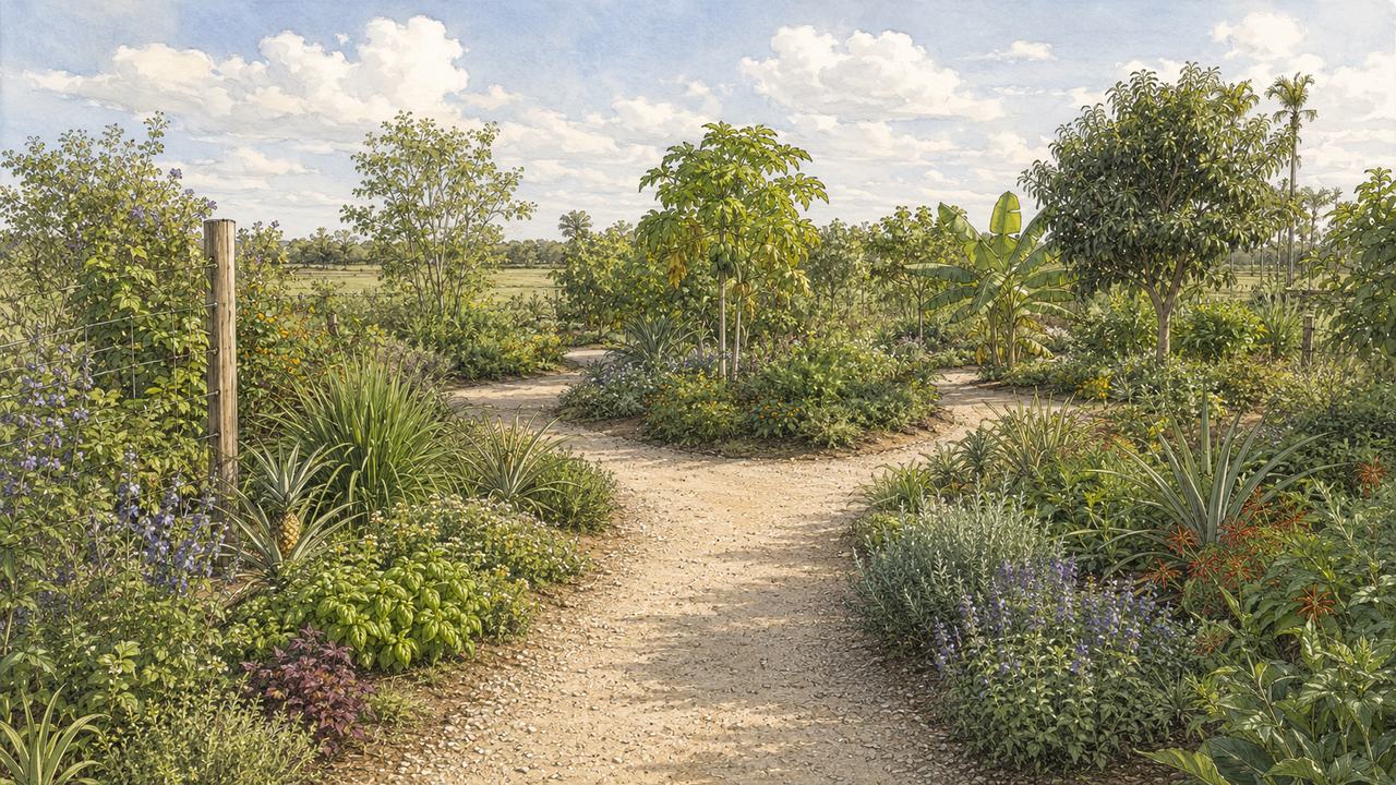 Design rendering of a food forest with winding paths and layered fruit trees