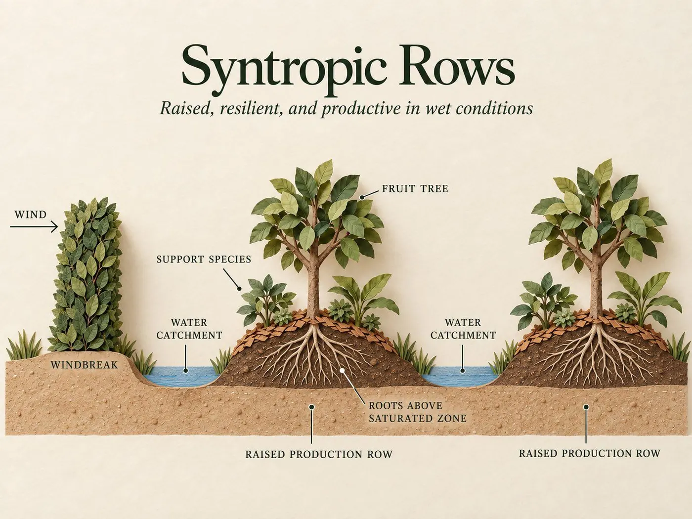 Cross-section diagram: a windbreak blocks wind, raised rows keep fruit tree roots above the saturated zone, lower channels between rows catch water